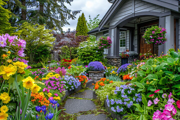 Fototapeta premium Contemporary spring garden front yard with multicolored floral arrangements and lush greenery, captured in ultra high-definition