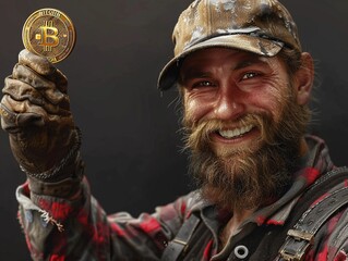 A bitcoin miner celebrating a new coin, holding a golden bitcoin with a big smile