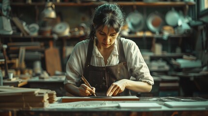 A craftsworker in her workshop, focused and immersed in her work 8K , high-resolution, ultra HD,up32K HD