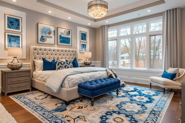 A decorative throw rug adding visual interest to a hardwood bedroom floor.