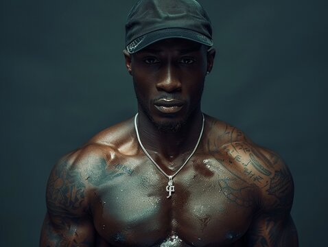 A hiphop artist with a strong, muscular physique, wearing a cap and exuding confidence, with room for text 8K , high-resolution, ultra HD,up32K HD
