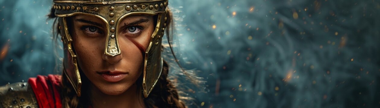 A portrait of a fierce Amazon warrior dressed as a Roman gladiator, exuding power and confidence, with room for text 8K , high-resolution, ultra HD,up32K HD
