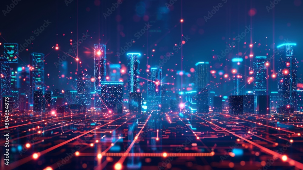 Aufkleber Smart city with particle glowing light connection design, big data connection technology concept.