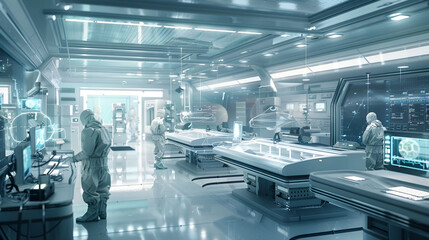Medical science laboratory. Concept of virus and bacteria research in the greyish background and robot work  
