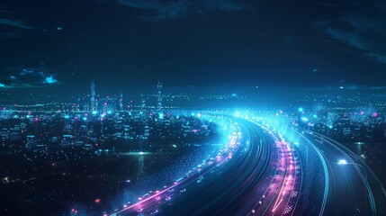 Naklejka premium Smart city with speed line glowing light trail surround the city. big data connection technology concept