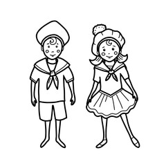 Cute little sailor boy and girl in a marine suit. Vector nautical illustration for children in doodle style. Hand drawn on a white background.
