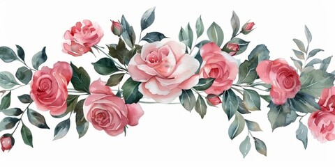 Watercolor Floral Wreath with Pink Roses Generative AI