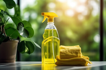Spray bottle and towel on wooden table in garden, closeup