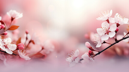 Blossoming branch of cherry on a blurred background. Spring background.
