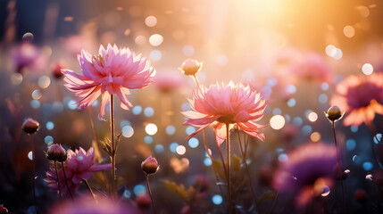 Pink daisy flowers in the garden with sun light. Vintage tone.
