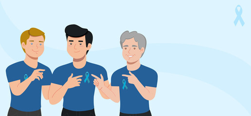 Banner illustration with three men to support world month to combat prostate cancer Blue November
