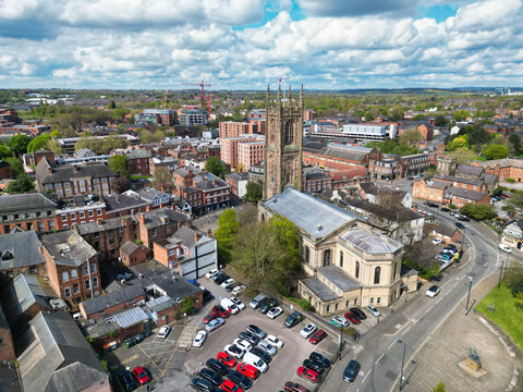 High Angle View of Historical Derby City Centre, England United Kingdom. April 26th, 2024