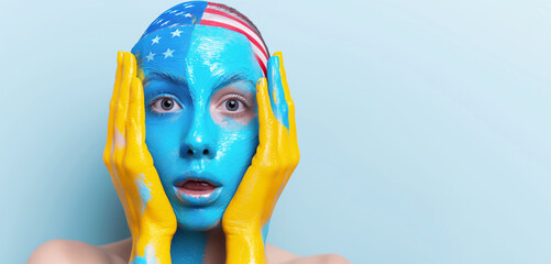 Woman with face and hands vividly painted in blue and yellow featuring American flag portrays shock and engagement. Her wide eyes and expression amplify intense colorful artwork