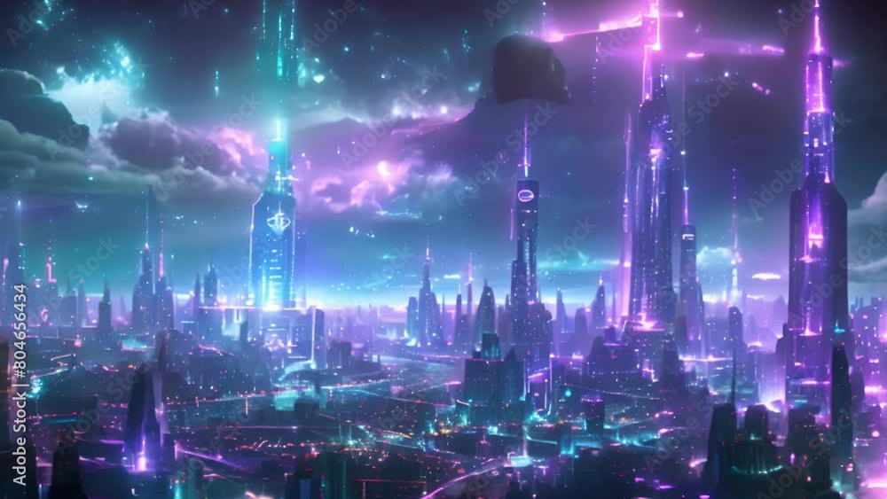 Poster a busy futuristic city showcasing numerous neon lights illuminating the streets and buildings, creat