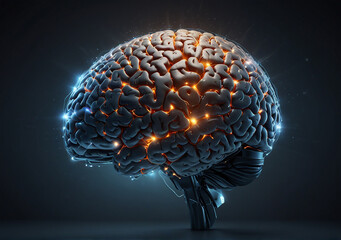 human brain 3d made up of lights and technology