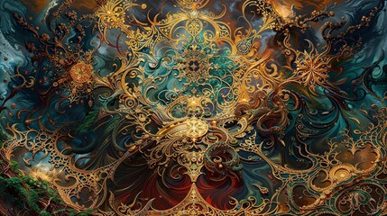 Ornate Golden Filigree Forms on a Swirling Cosmic Background