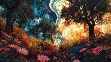 Enchanted Forest with Vivid Trees and Swirling Sky