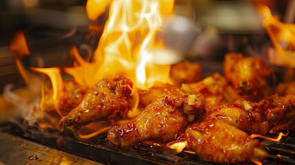 A scrumptious close-up view of chicken wings ablaze with fiery flames, sizzling on a grill, promising an exciting and flavorful mealtime experience.