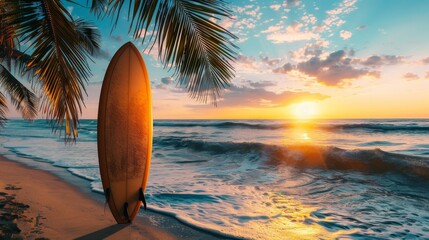 Tropical beach scene with a surfboard and beautiful sunrise light among palm trees