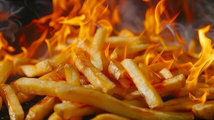A close-up view of golden french fries sizzling in a frying pan, dangerously close to an open flame. The flaming fire adds an exciting twist to the otherwise mundane meal, igniting a thrilling