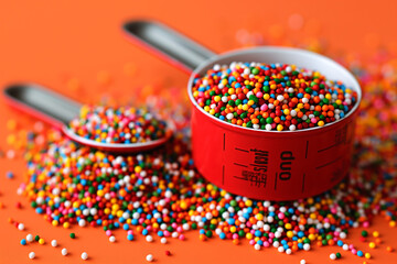 beans in a cup, Against the cheerful backdrop of orange, the sprinkles stand out in vivid contrast, their bright hues popping against the warm, inviting color of the background