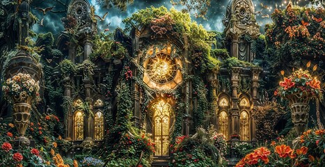 Enchanted Gothic Temple Engulfed in Flourishing Gardens