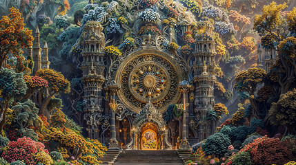 Mystical Ancient Temple with Ornate Floral Gardens