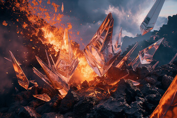 campfire in the forest, Amidst the chaos of the volcanic eruption, a geometric isolated blast adds a sense of dynamic energy and movement to the scene