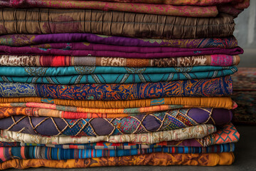 stack of colorful fabrics, At the base of the stack, a foundation of richly hued garments forms a sturdy base