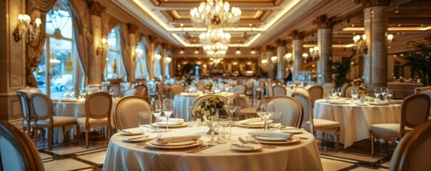 A luxurious hotel dining hall with elegant table settings and a gourmet buffet under chandeliers