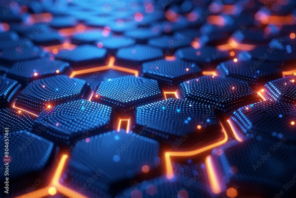 Poster detailed close-up of a futuristic hexagonal digital pattern with illuminated blue and red dots symbo
