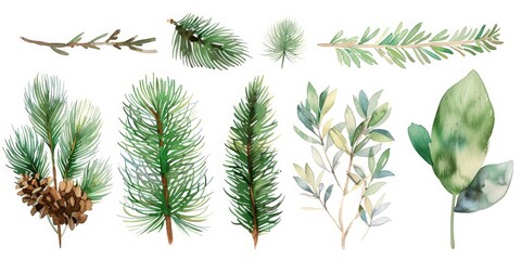 Watercolor Conifer and Pine Branches Isolated Set Generative AI