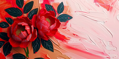 Floral Elegance, Dramatic Red Peonies on Soft Peach Background: Bold Acrylic Floral Art