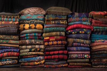 colorful blanket, At the base of the stack, a foundation of richly hued garments forms a sturdy base