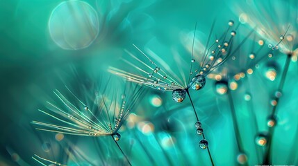 Beautiful dandelion seeds with water droplet macro photo, teal color background,