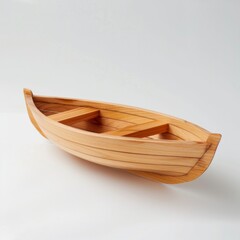 A small wooden boat peacefully rests on a white surface