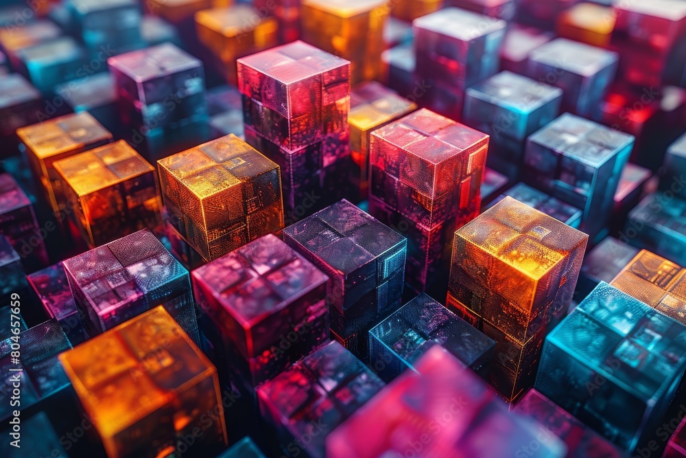 Poster this image features a vibrant collection of metallic cubes in 3d render, playing with light and shad