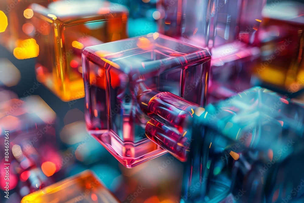 Poster see-through cubes with reflective surfaces float in a lively abstract environment hinting at technol