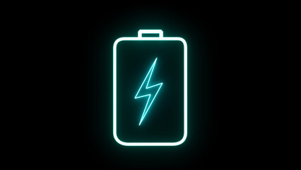 Blue color neon lightning bolt, glowing sign. Abstract neon bolt icon with circle on black background