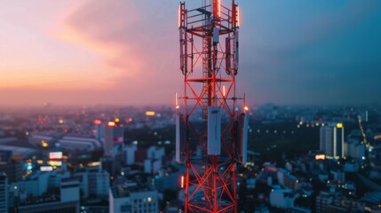 Telecommunication tower with 5G cellular network antenna on city background, Global connection and internet network concept