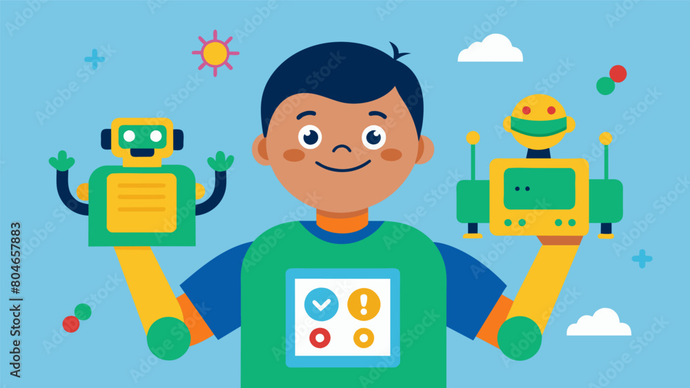 Poster a child with down syndrome proudly shows off their robot crafts built through a program that celebra