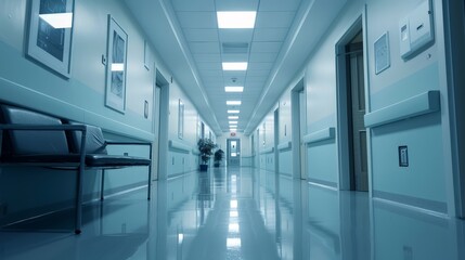 Interior of a hospital corridor with white walls and blue floor