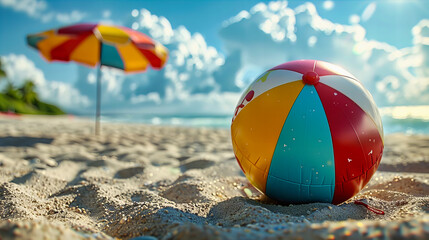Obraz premium Vibrant Beach Volleyball Game on a Sunny Day, Colorful Beach Ball in Motion, Summer Sports Fun