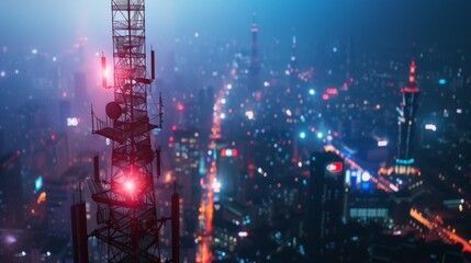Telecommunication tower with 5G cellular network antenna on night city background