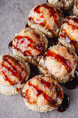 delicious fresh baked sushi roll with crab mayonnaise Philadelphia cheese