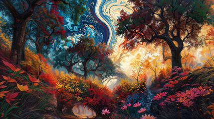 Surreal Forest with Whirling Sky and Autumnal Hues