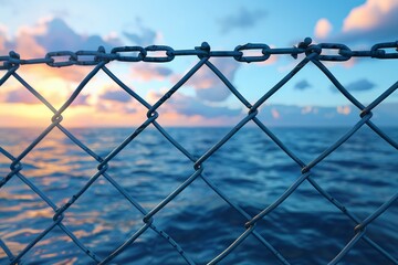 This image portrays a calming view of the endless ocean waves seen through the geometric lines of a chain-link fence at sunset