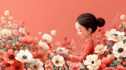 Flat solid color illustration of a young girl helping in a flower shop, coral background, detailing the floral arrangements