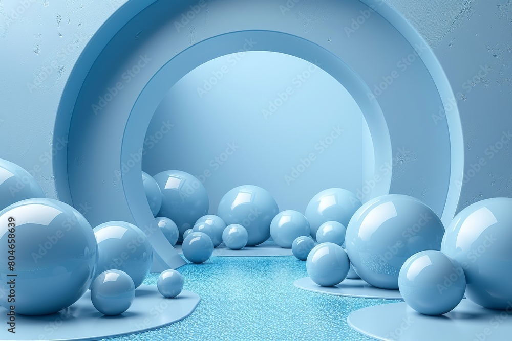 Poster minimalistic 3d rendering of blue spheres in a reflective futuristic tunnel setting
