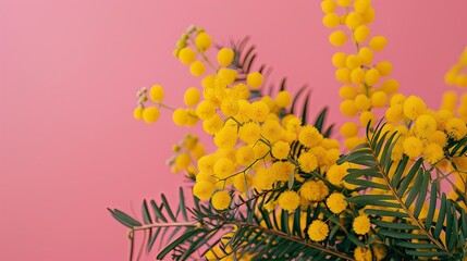 Fototapeta premium A vibrant Yellow Mimosa bouquet set against a soft pink backdrop serves as a symbolic representation of International Women s Day